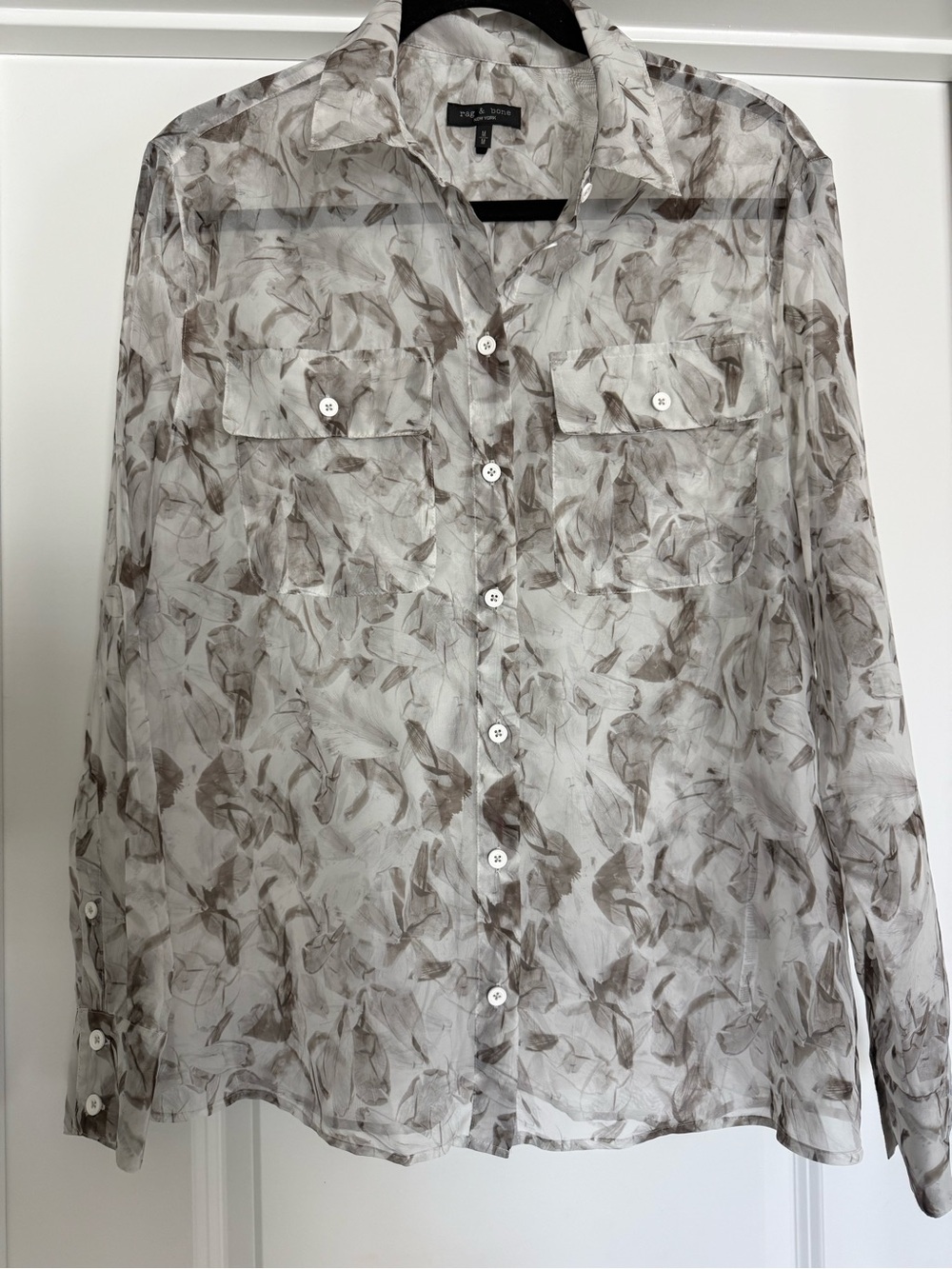 rag & bone Sheer Leaf-Print Button-Down Shirt in White and Taupe